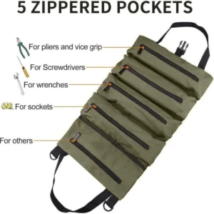 Olive green roll-up detailing tool organizer with five zippered pockets