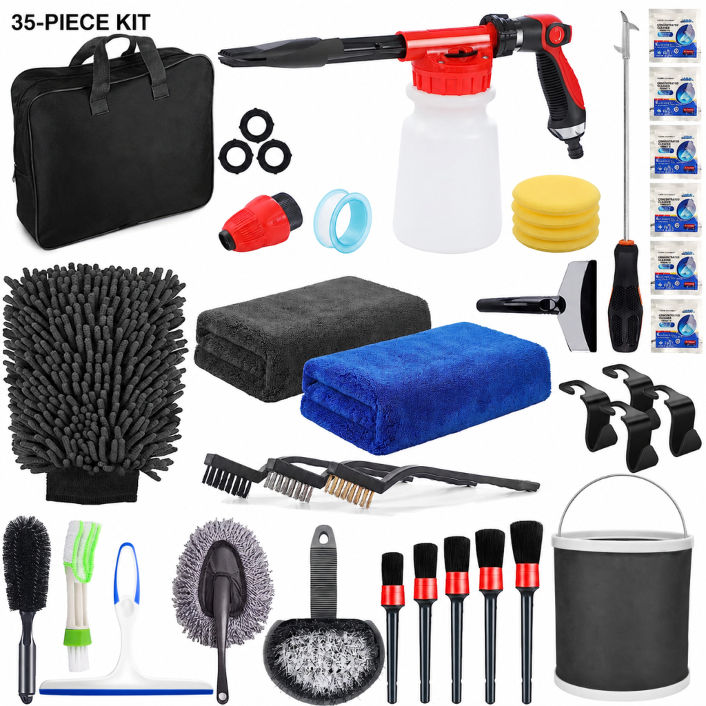 35-piece car detailing kit with foam sprayer, brushes, towels, bucket, and storage bag