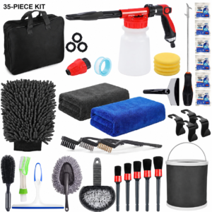 35-piece car detailing kit with foam sprayer, brushes, towels, bucket, and storage bag
