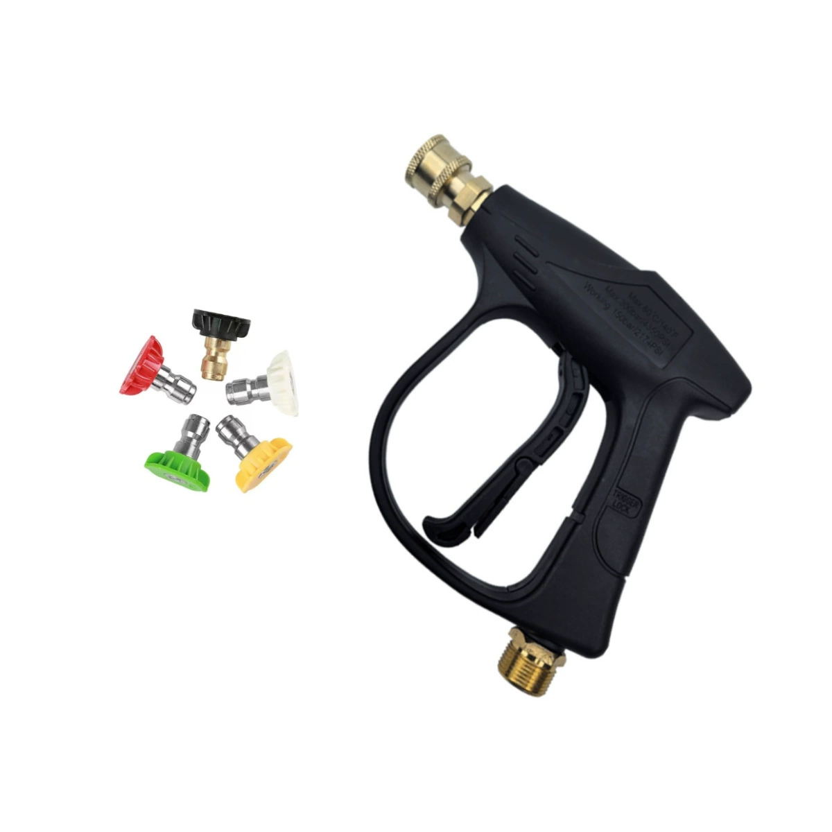 Pressure washer short gun shown with five color-coded spray tips