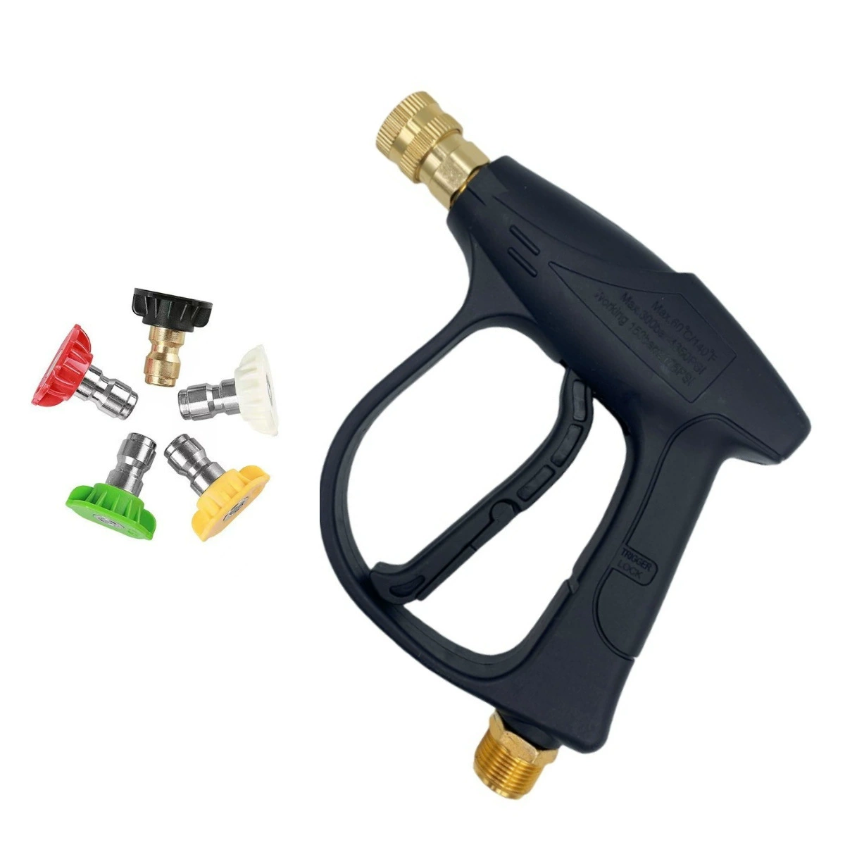 Short pressure washer gun with aluminum valve alloy quick connect and five spray tips