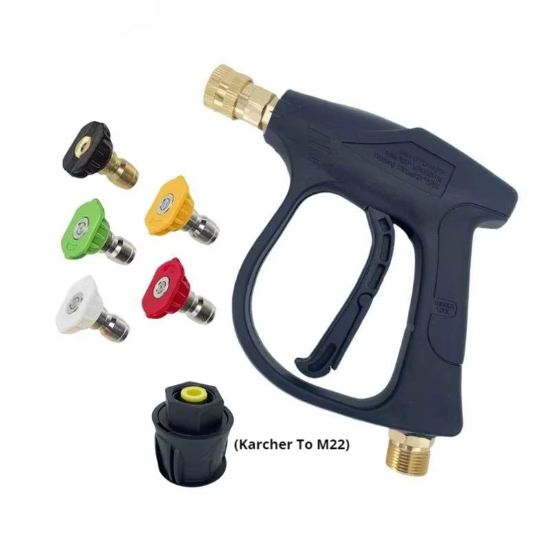 Short pressure washer gun with M22 adapter and five spray tips