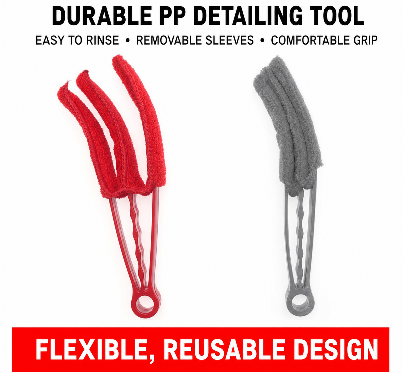 Flexible three-prong air-vent detailing tool with removable microfiber sleeves