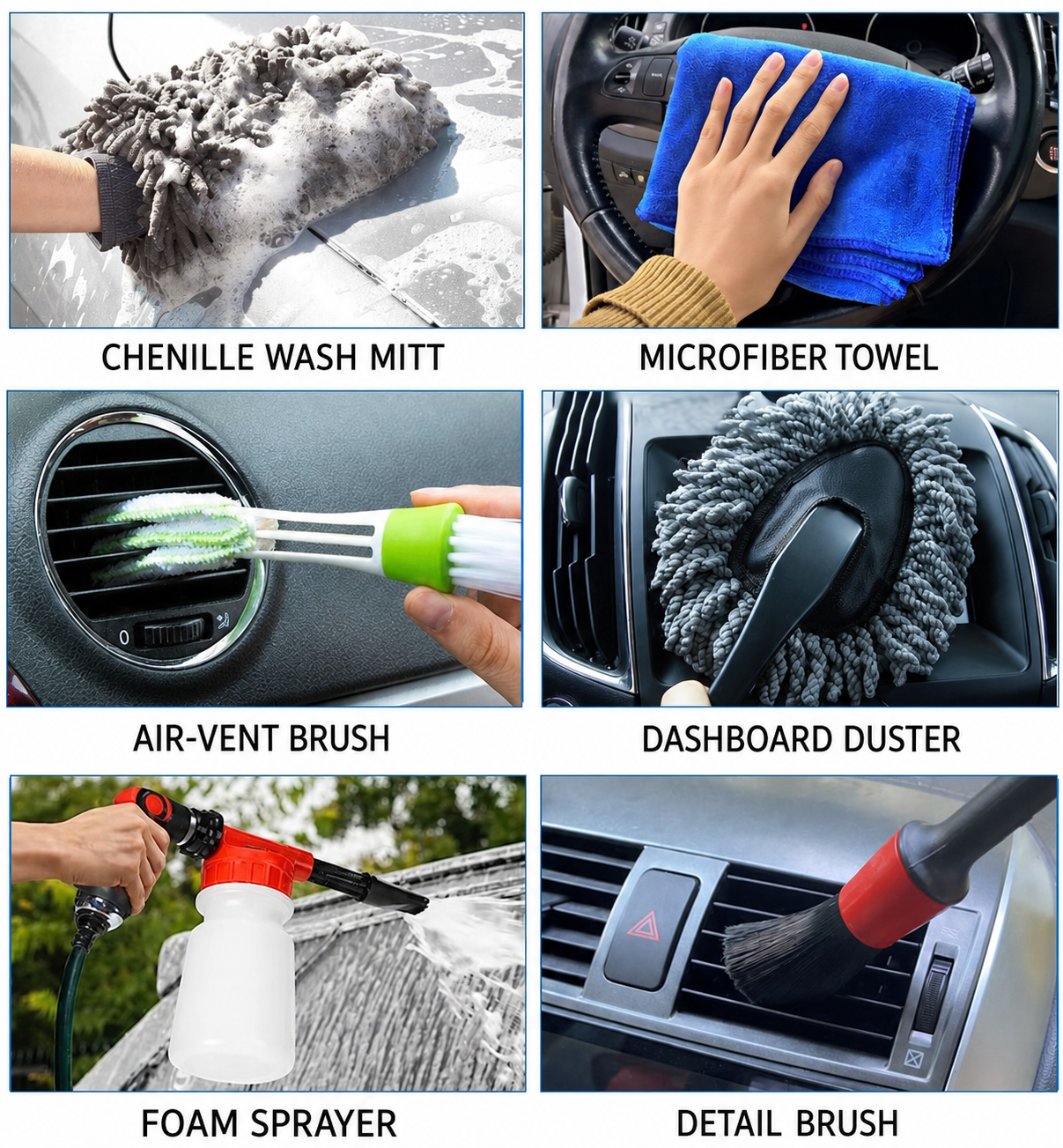 Car detailing kit tools used on paint, steering wheel, air vents, dashboard, and exterior