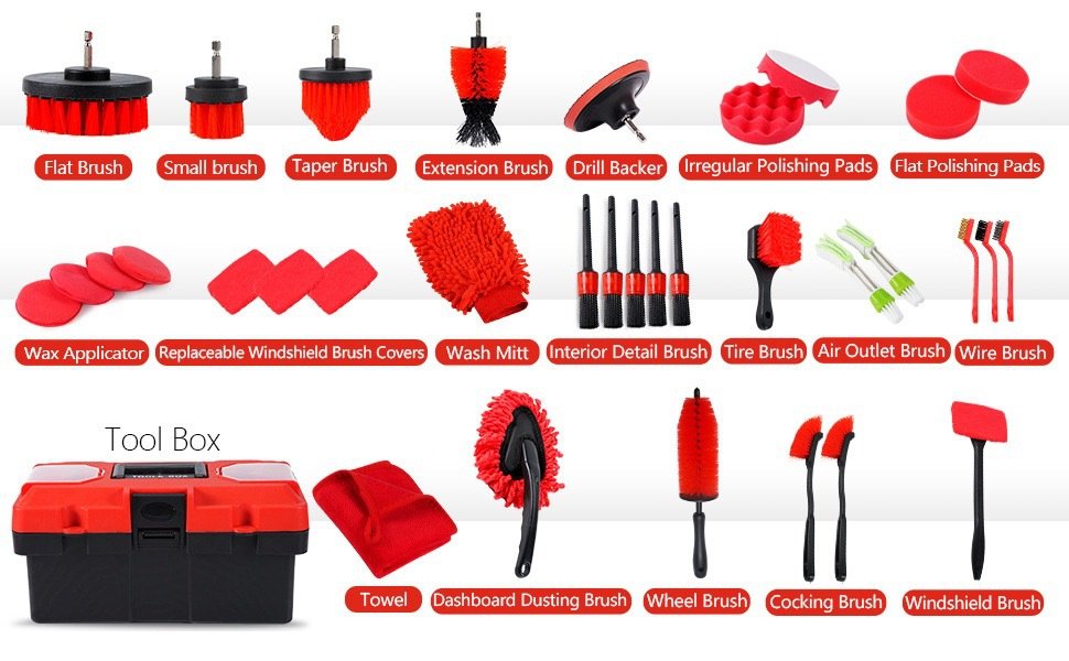 English overview of drill brushes, polishing pads, detail brushes, wash mitts, towels and tool box