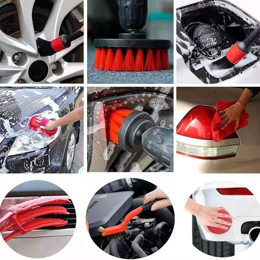 Car detailing brushes and wash tools used on wheels, paint, engine bay and exterior surfaces