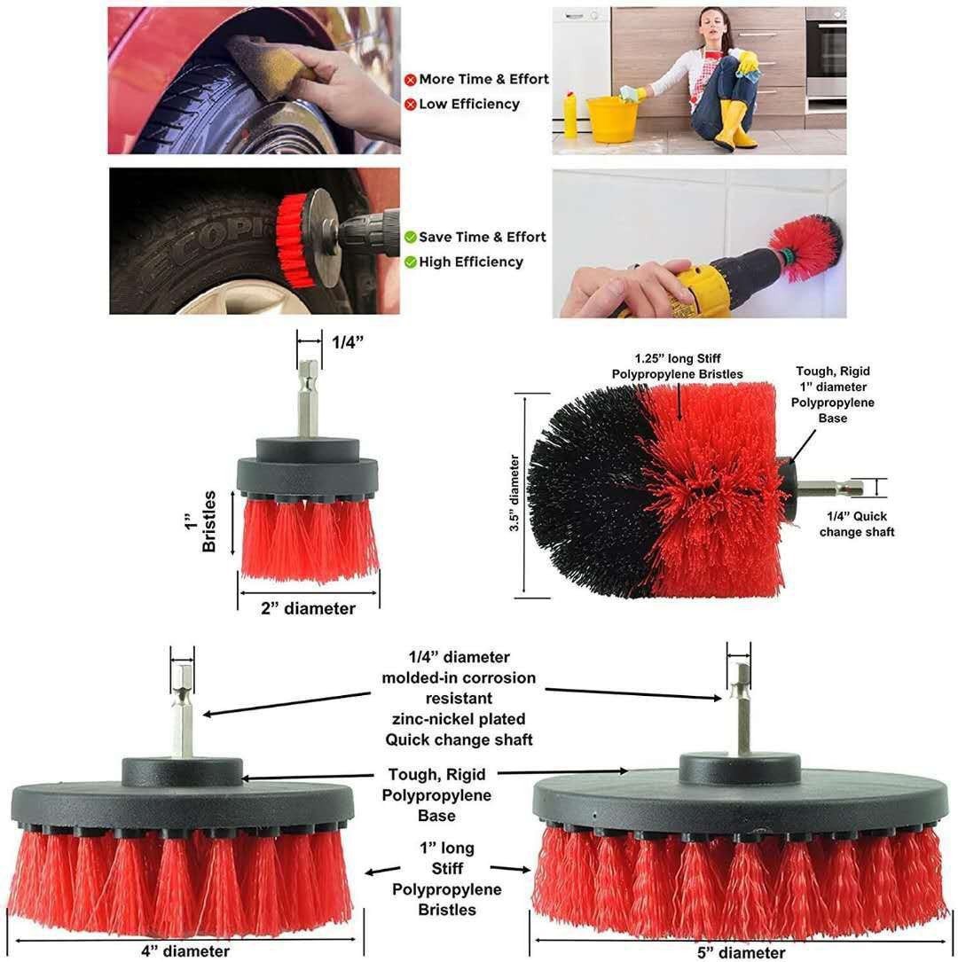 Drill brush attachment use cases, dimensions and polypropylene bristle construction