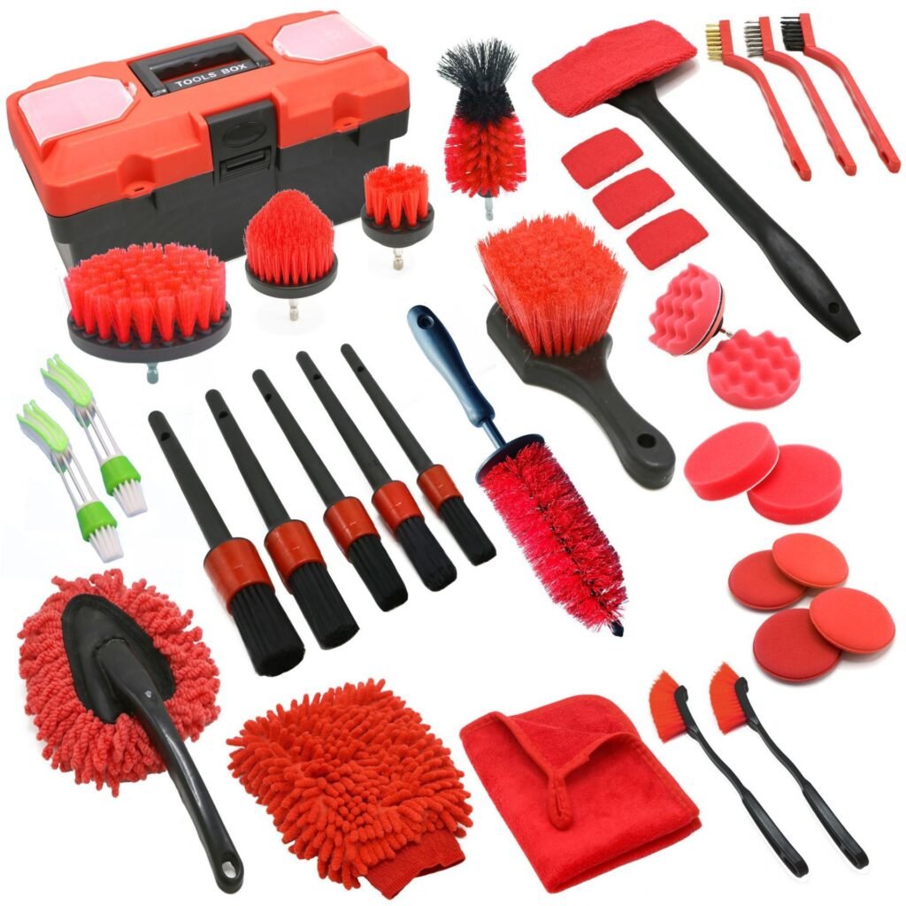 35-piece car detailing kit with hard tool box, drill brushes, detailing brushes, wash mitt, towels and applicator pads