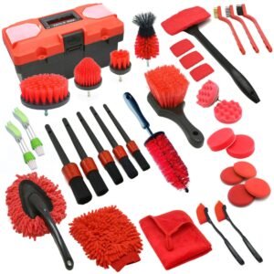 35-piece car detailing kit with hard tool box, drill brushes, detailing brushes, wash mitt, towels and applicator pads