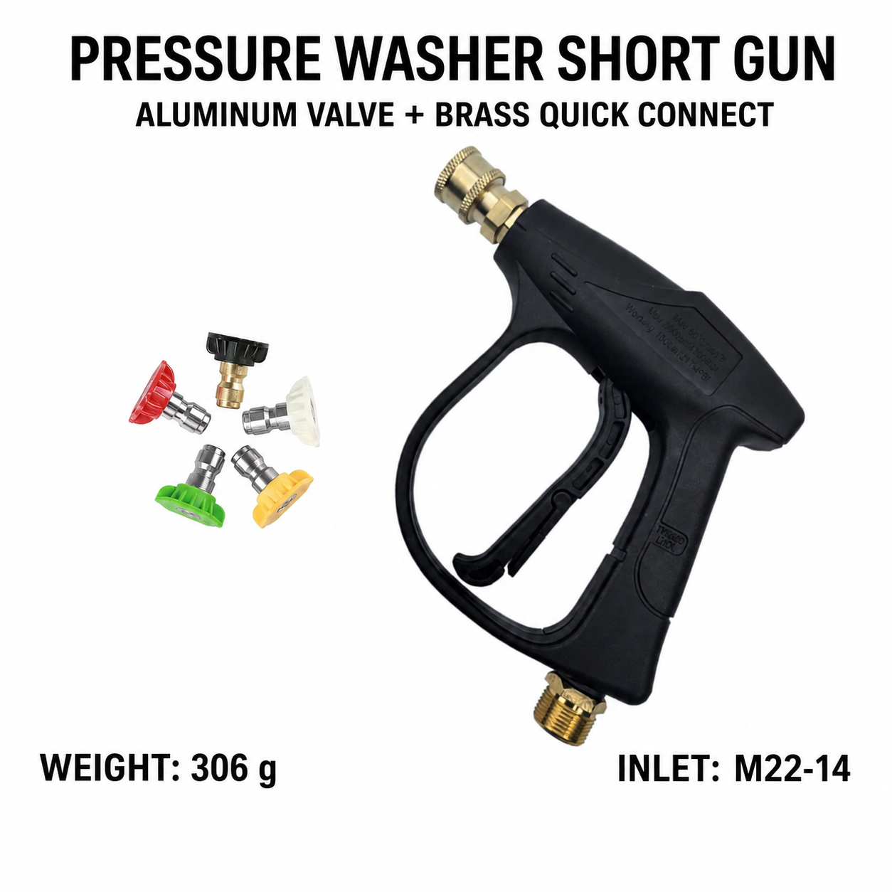 English specification image for aluminum valve brass quick connect short gun with five spray tips