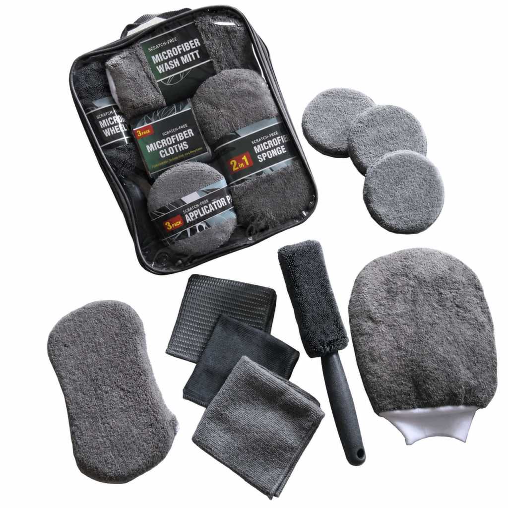 Nine-piece microfiber car cleaning kit