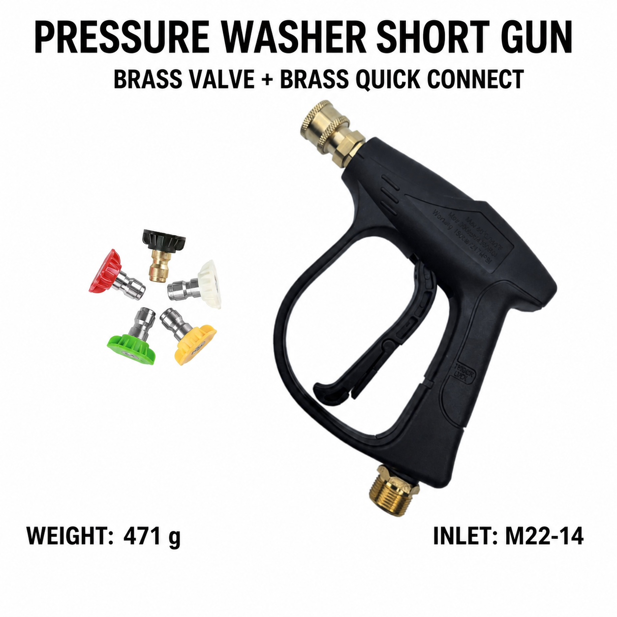 English specification image for brass valve brass quick connect short gun with five spray tips