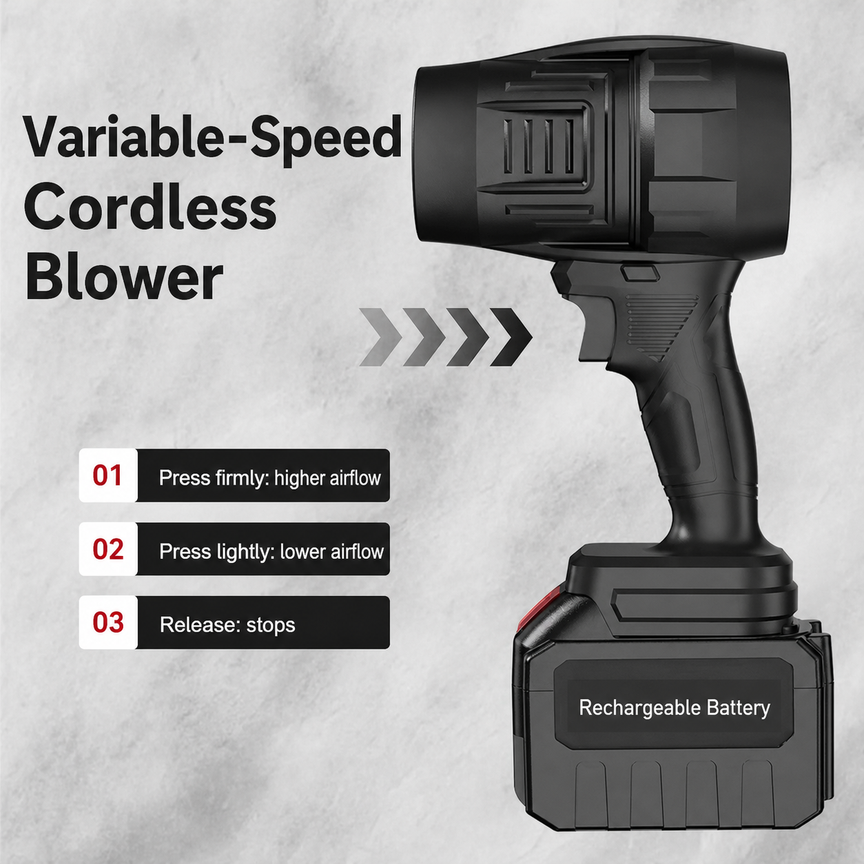 Cordless detailing blower with English variable-speed control graphic