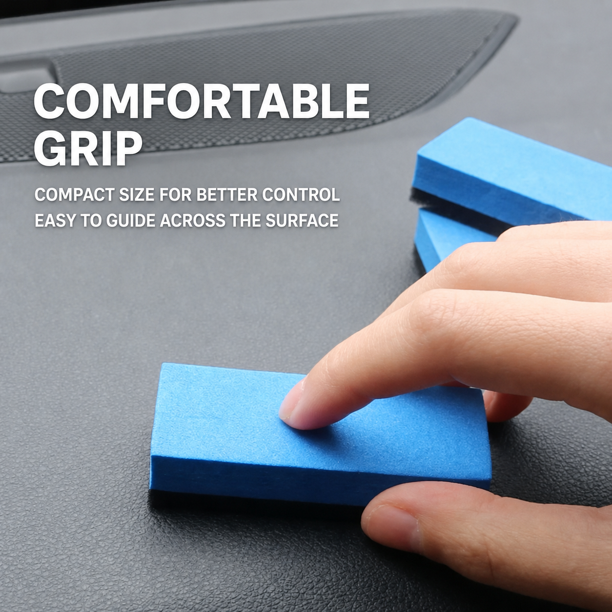 Compact foam applicator block held on a vehicle interior surface