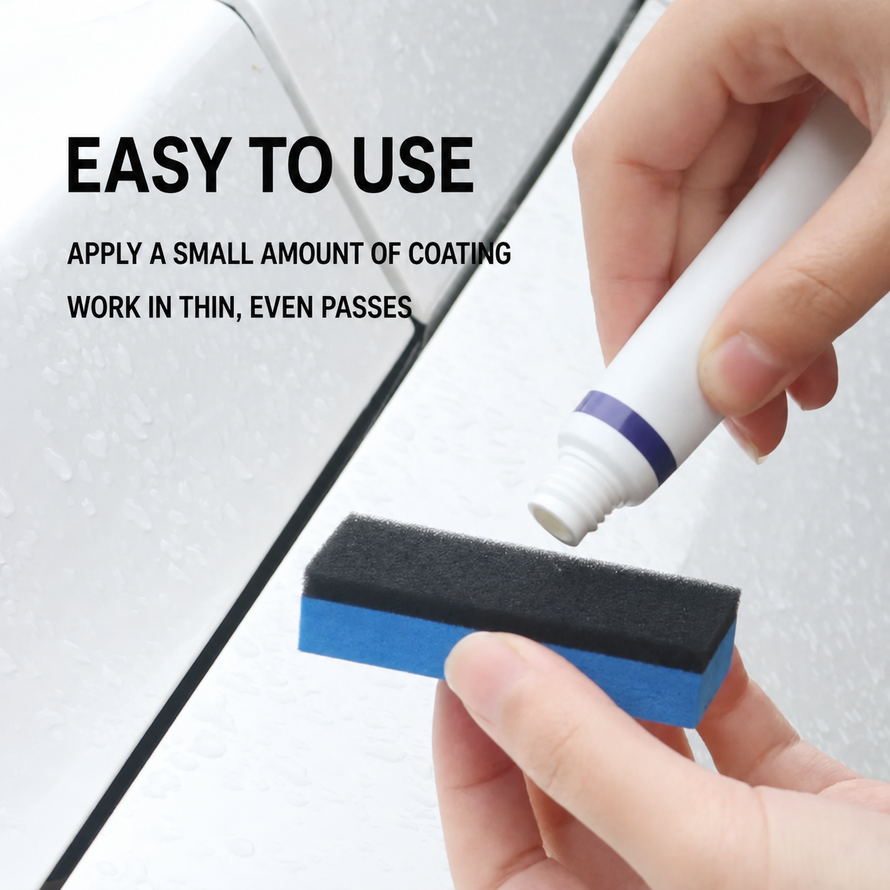 Coating being applied to a foam applicator beside a white vehicle