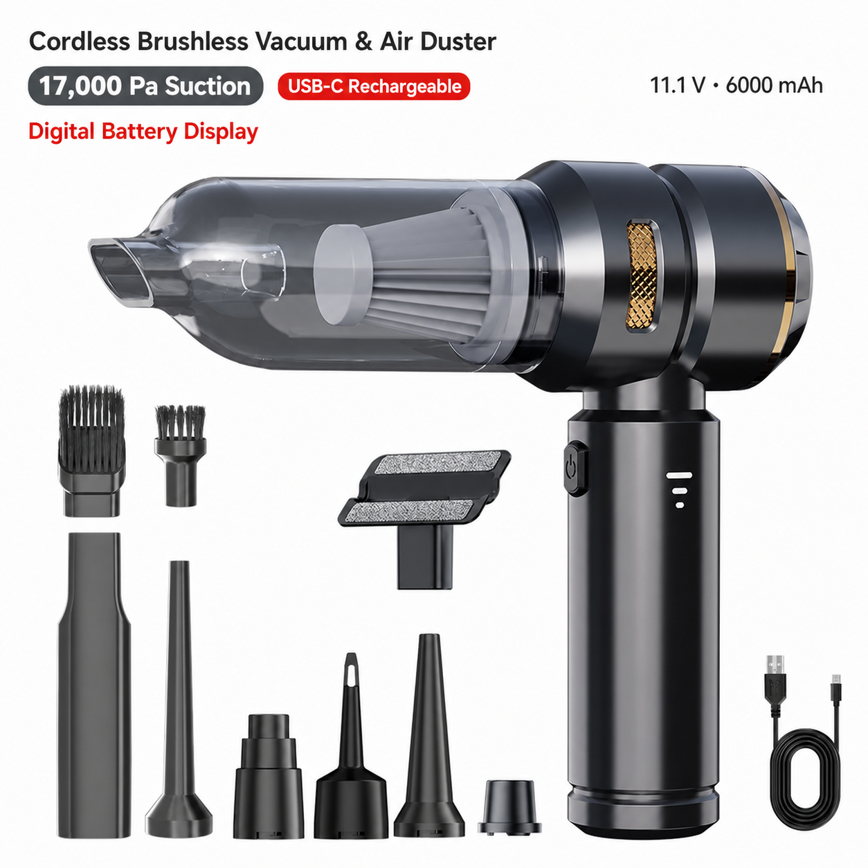 Cordless 17000 Pa car vacuum and air duster with English feature text