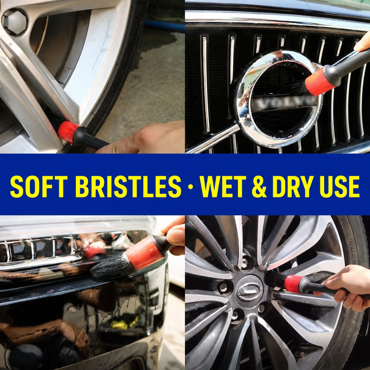 Soft bristle detailing brush used wet and dry on wheels, grilles and exterior trim