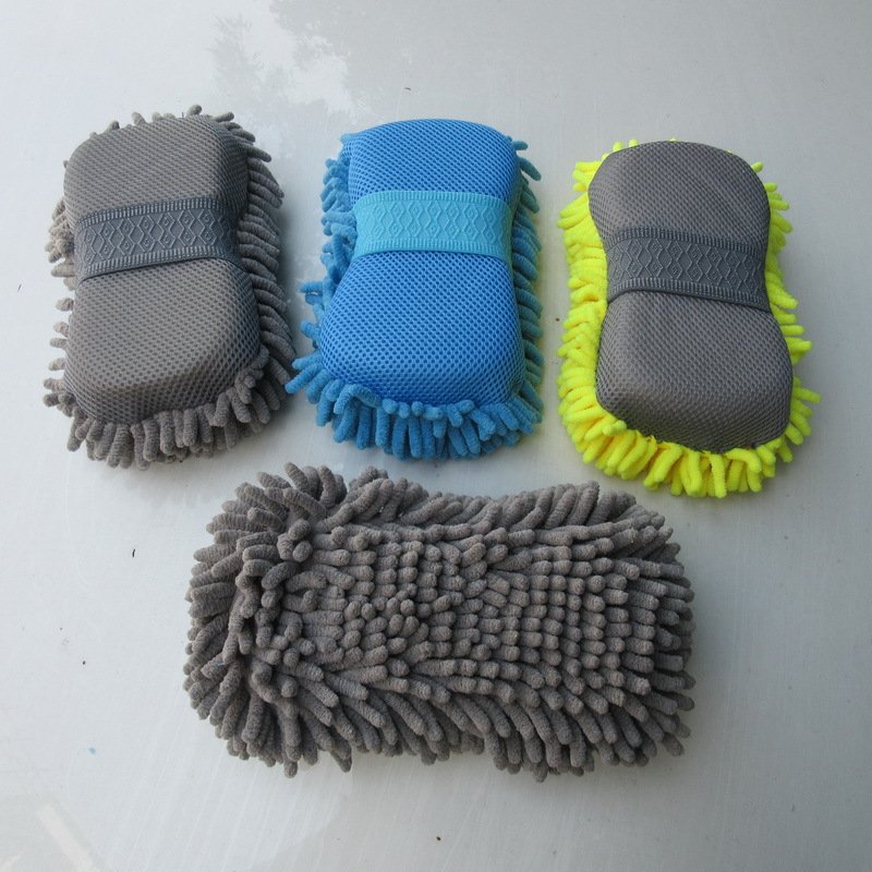 Gray, blue and yellow ergonomic chenille car wash sponge options