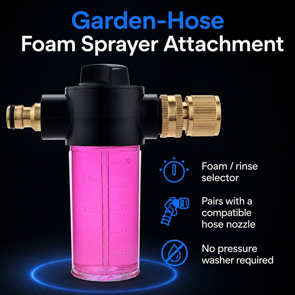 Black garden-hose foam sprayer attachment with clear solution bottle