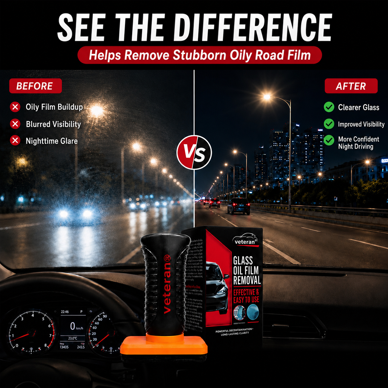 Comparison of oily road film buildup and clearer exterior automotive glass