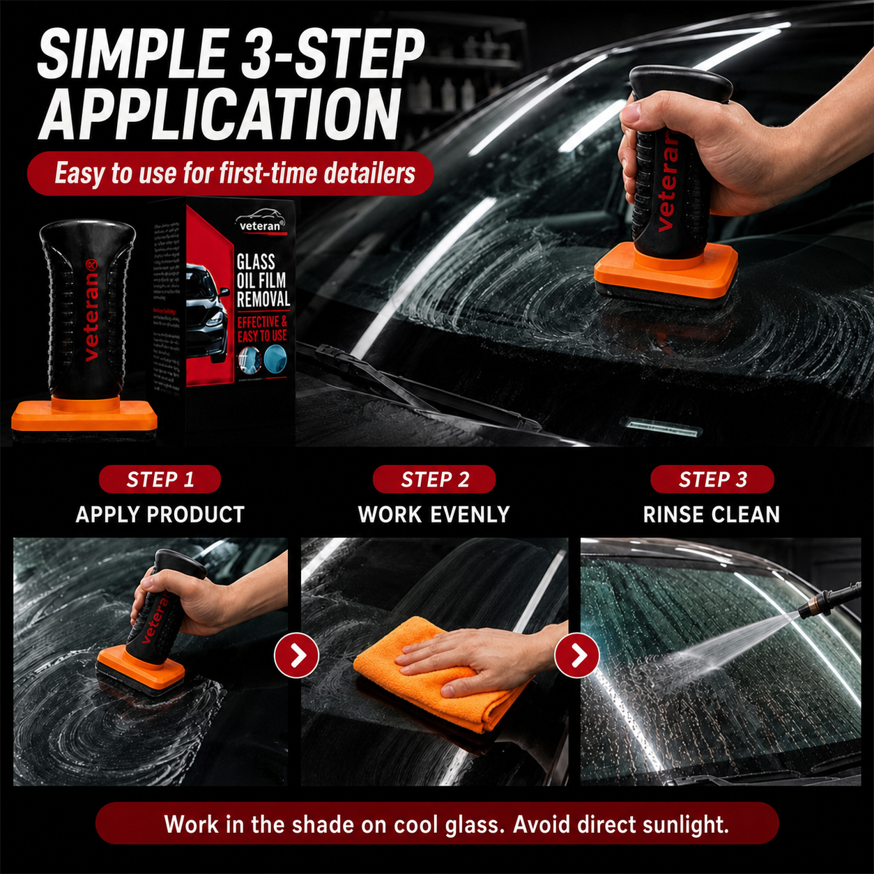 Three English steps for applying, working and rinsing glass oil film remover