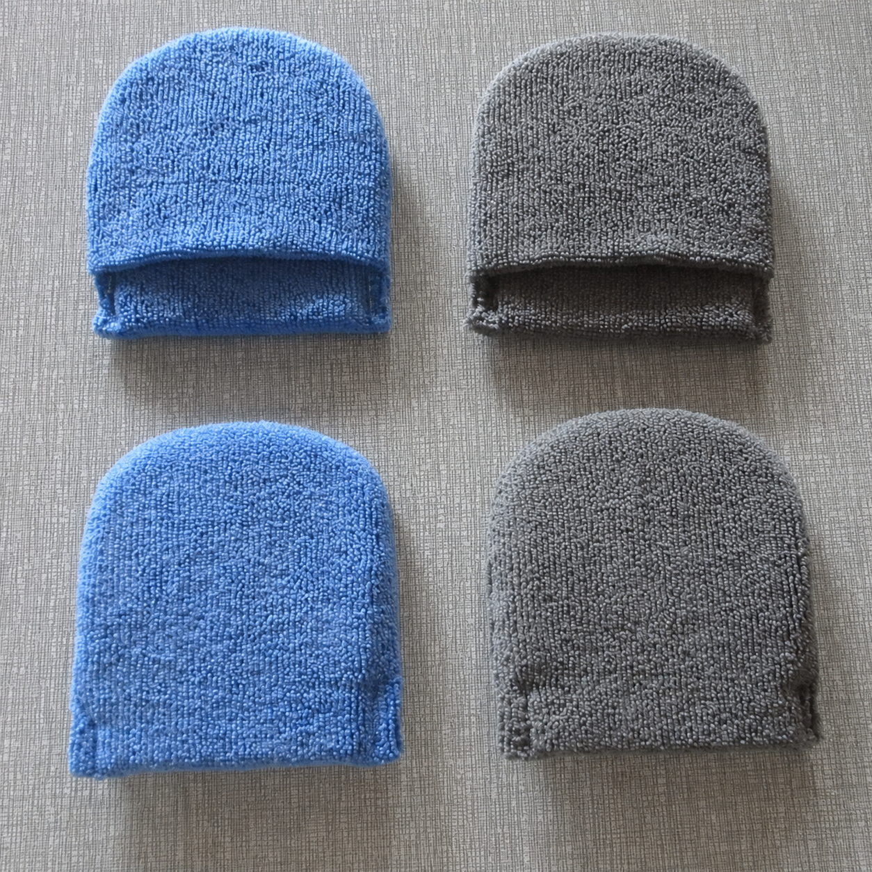Blue and gray microfiber finger applicator mitts