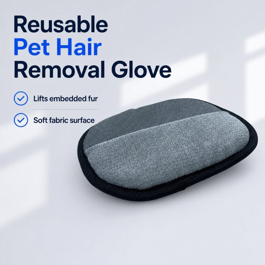 Reusable gray pet hair removal glove for car upholstery and carpets