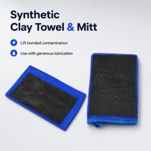 Blue synthetic clay towel and mitt for paint decontamination
