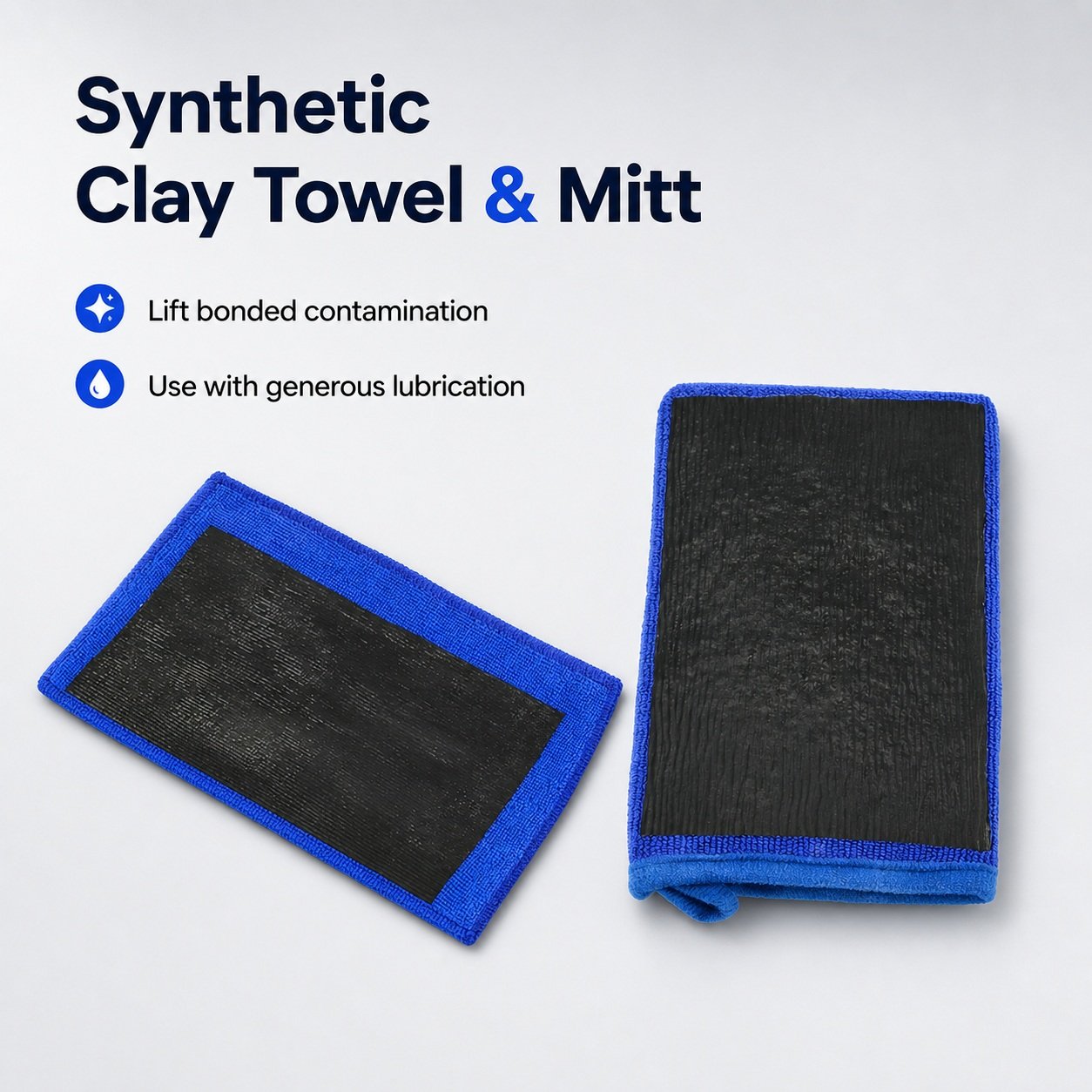 Blue synthetic clay towel and mitt for paint decontamination