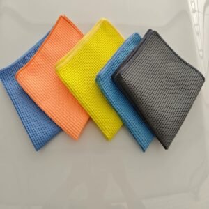 Waffle-weave glass towels in blue orange yellow sky blue and gray